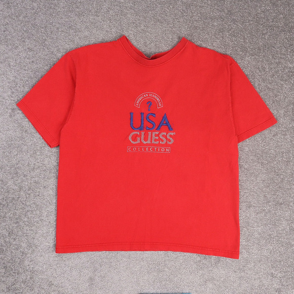 VTG 90s GUESS Made in USA Embroidered XL Red Short Sleeve T-Shirt - Picture 1 of 10